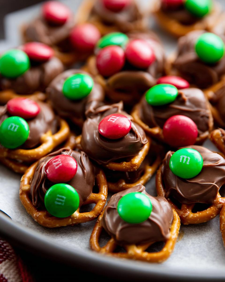 Close-up of Rolo Pretzel Bites with M&Ms, showing melted chocolate, pretzels, and red and green M&Ms.
