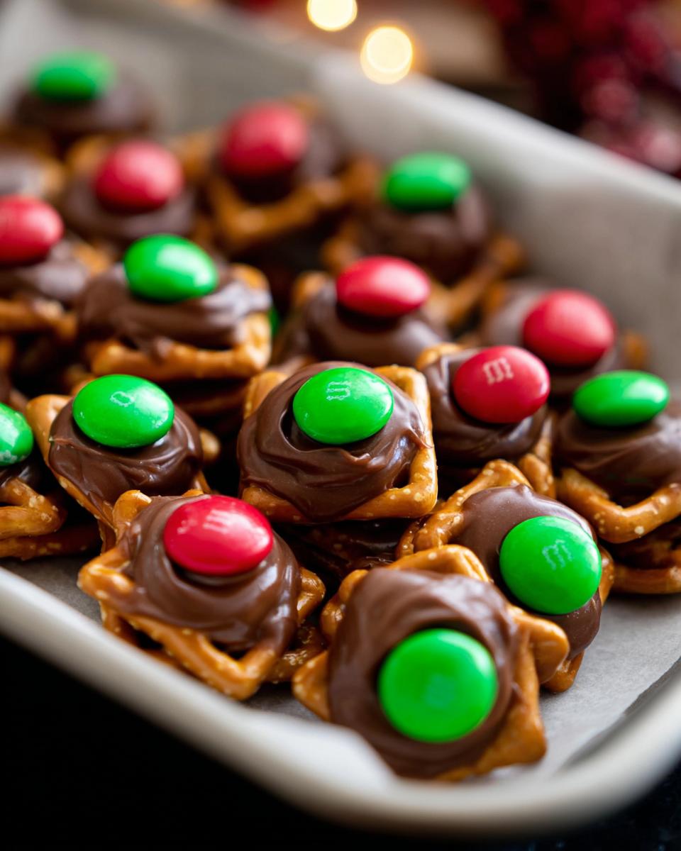 Close-up of Rolo Pretzel Bites with M&Ms, featuring chocolate-covered pretzels topped with red and green M&Ms.