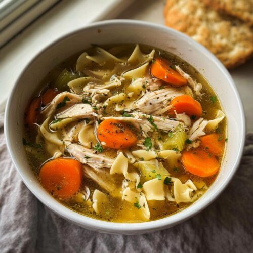 Close-up of a white bowl filled with steaming Rotisserie Chicken Noodle Soup, featuring shredded chicken, egg noodles, and bright orange carrots.