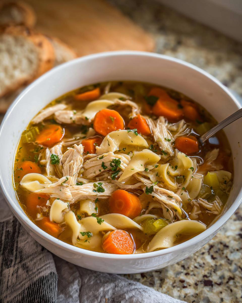 Close-up of a white bowl filled with Rotisserie Chicken Noodle Soup, featuring shredded chicken, egg noodles, and sliced carrots.