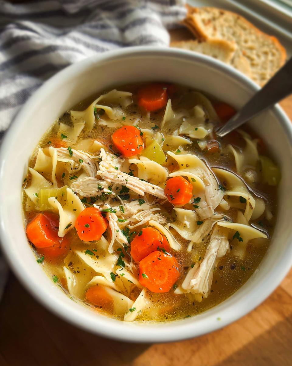 Close-up of a white bowl filled with Rotisserie Chicken Noodle Soup, featuring egg noodles, shredded chicken, and bright orange carrots.