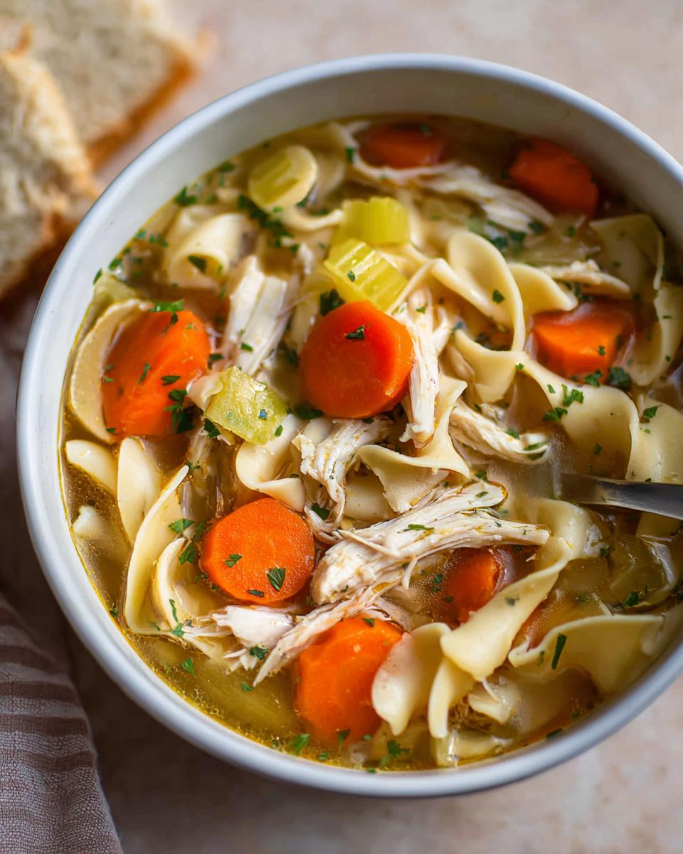 Close-up of a white bowl filled with Rotisserie Chicken Noodle Soup, featuring egg noodles, shredded chicken, carrots, and celery.