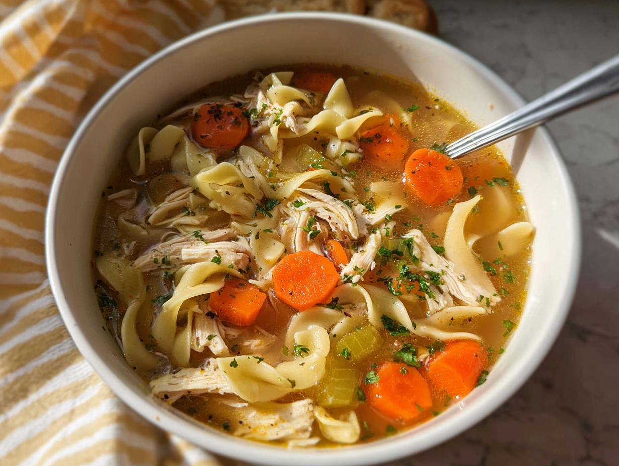 Close-up of a white bowl filled with Rotisserie Chicken Noodle Soup, featuring shredded chicken, egg noodles, and bright orange carrots.