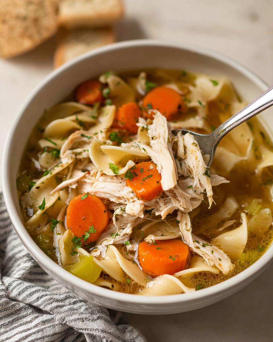 A spoonful of shredded chicken, carrots, and egg noodles being lifted from a bowl of Rotisserie Chicken Noodle Soup.