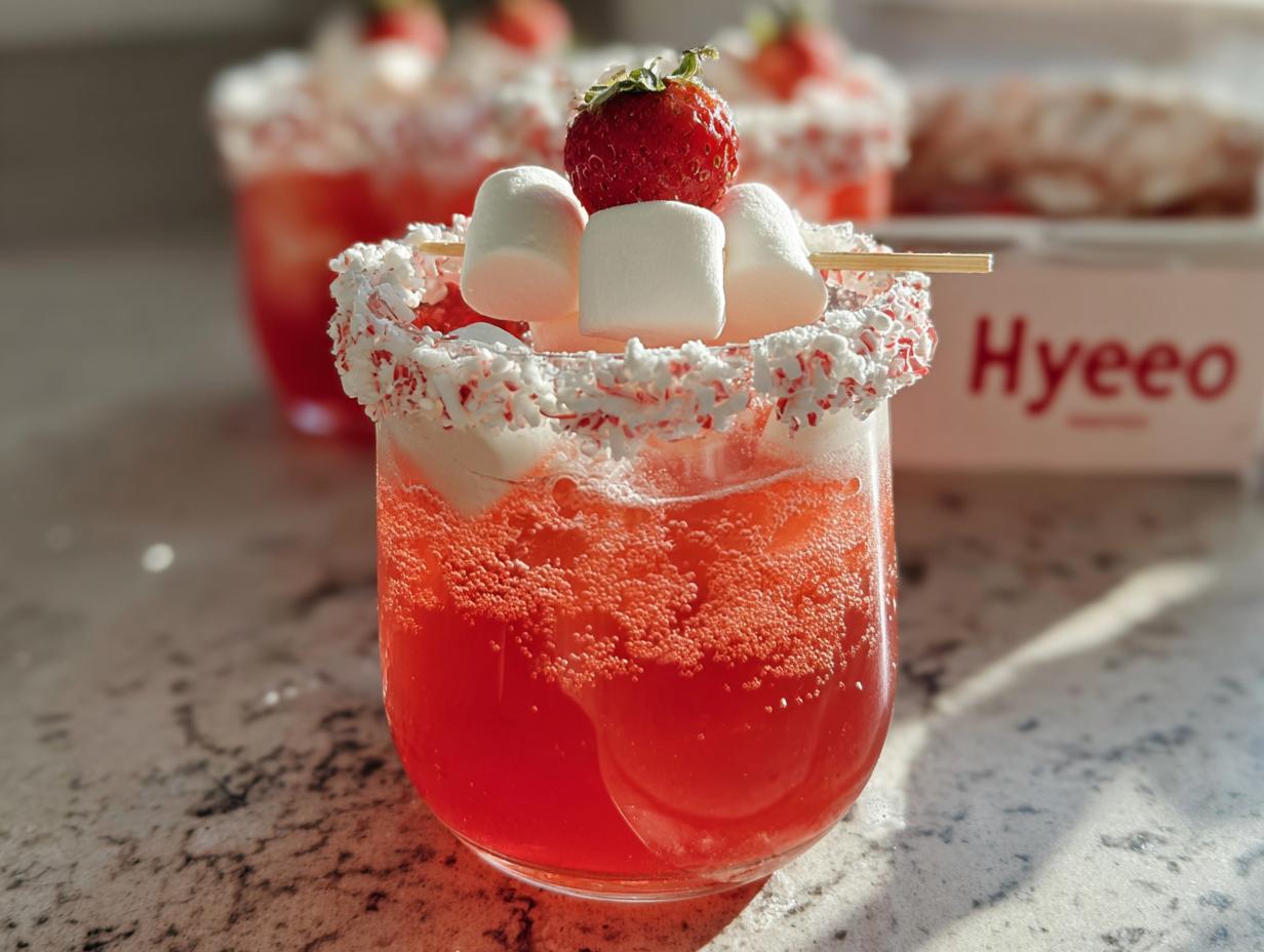 Close-up of a glass of bright red Santa Punch garnished with marshmallows, a strawberry, and a crushed candy cane rim.