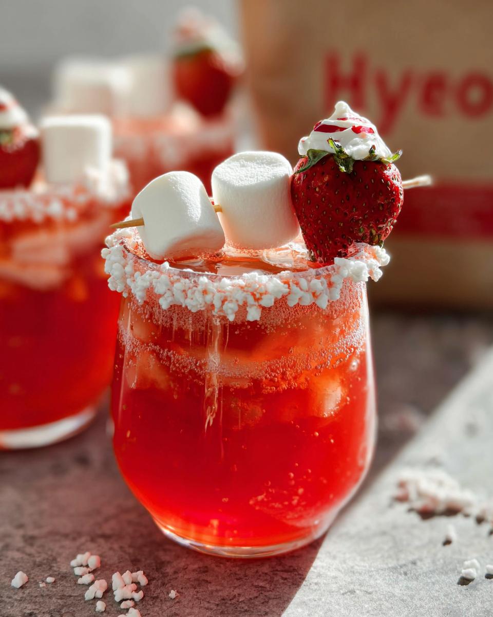 Close-up of a glass filled with bright red Santa Punch, garnished with a sugar rim, marshmallows, and a strawberry with whipped cream.