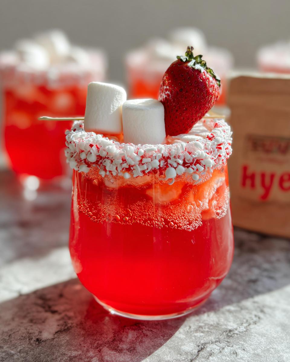 Close-up of a bright red Santa Punch glass rimmed with white sprinkles, topped with marshmallows and a fresh strawberry.