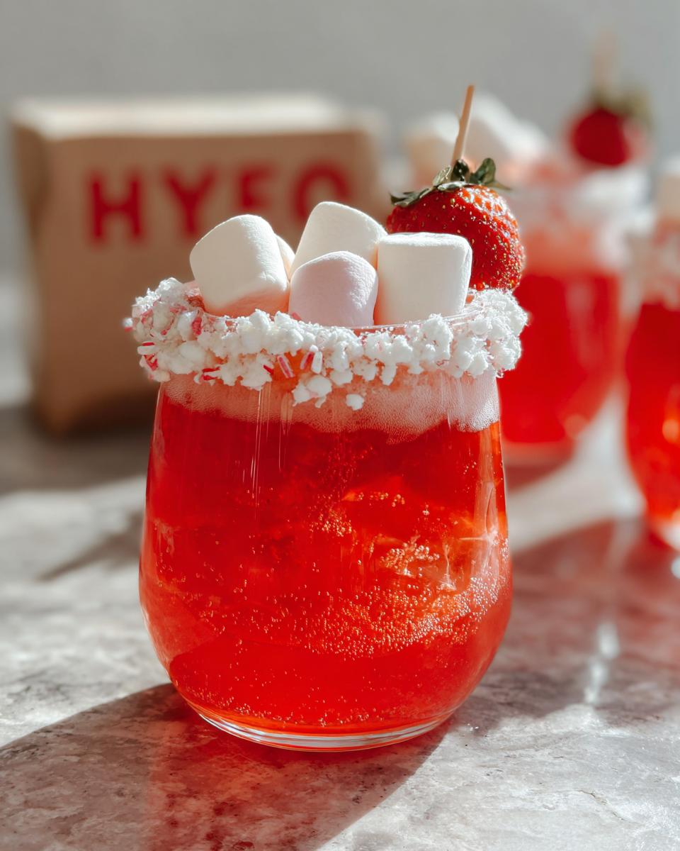 A vibrant red, fizzy Santa Punch garnished with marshmallows, a fresh strawberry, and a crushed candy rim.
