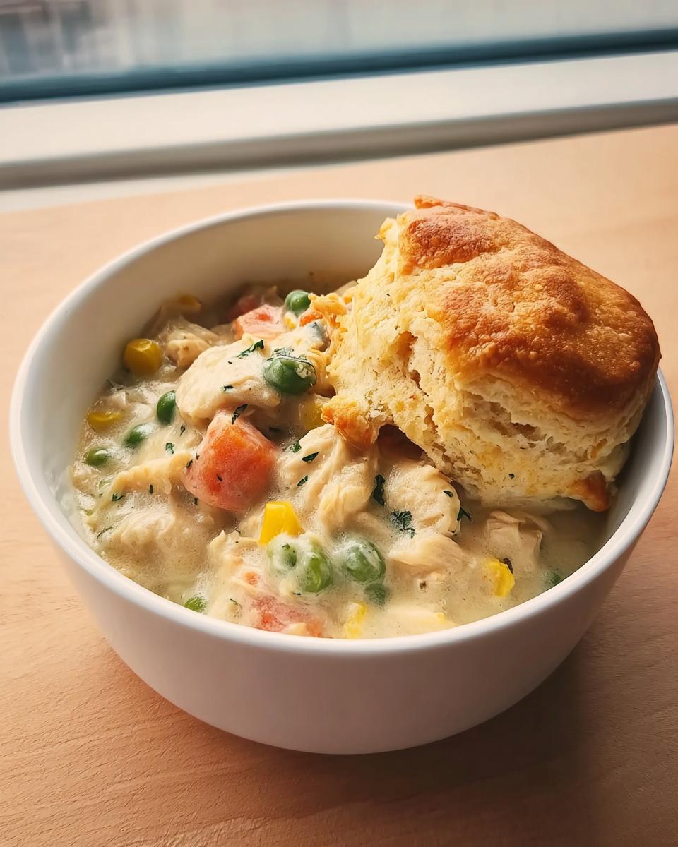 A white bowl filled with creamy Slow Cooker Chicken Pot Pie featuring chicken, peas, carrots, and topped with a golden biscuit.