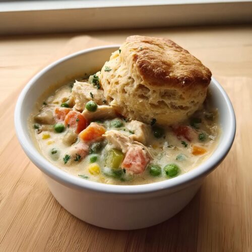 A white bowl filled with creamy Slow Cooker Chicken Pot Pie, featuring chicken, peas, and carrots, topped with a golden biscuit.