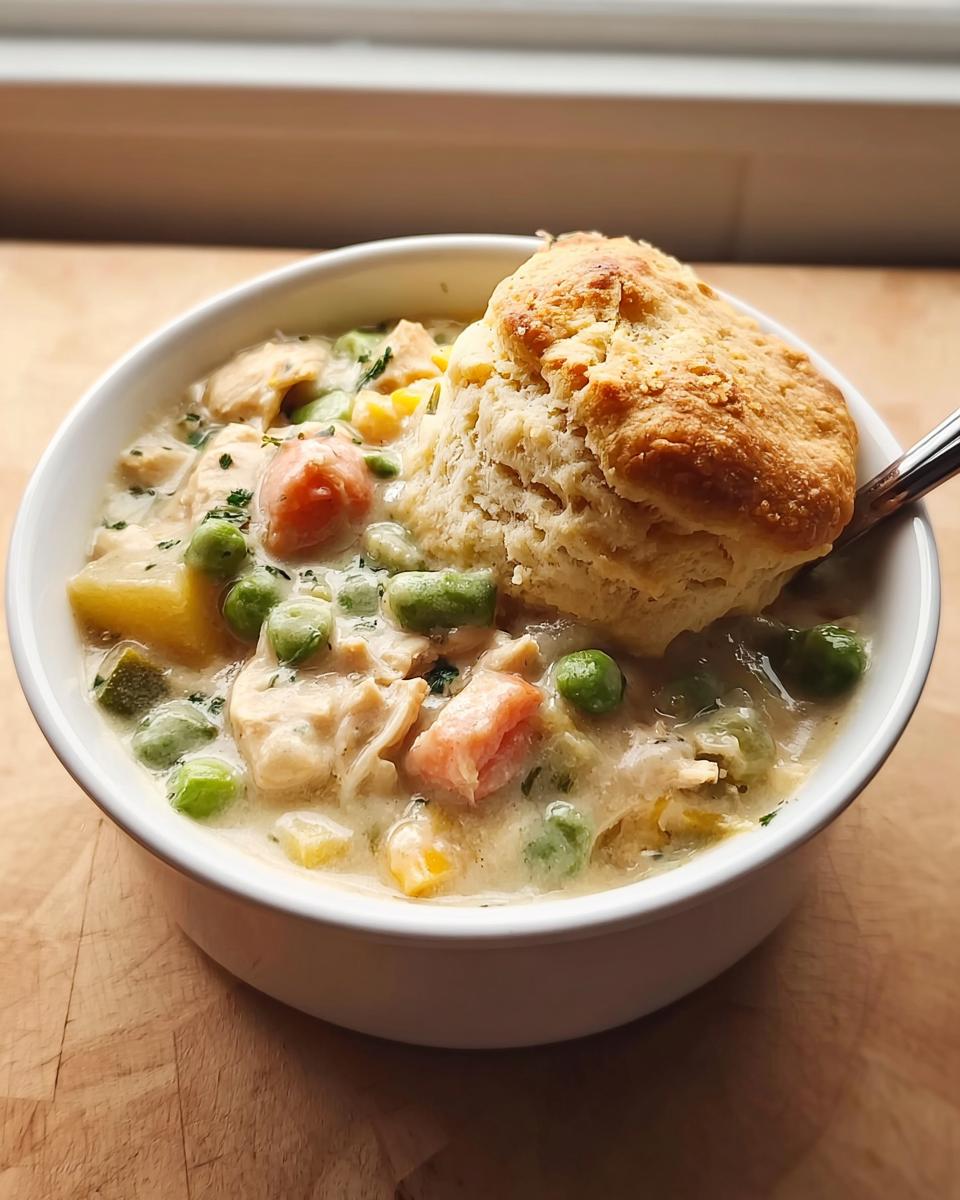 A bowl of creamy Slow Cooker Chicken Pot Pie filling topped with a golden biscuit, featuring chicken, peas, and carrots.