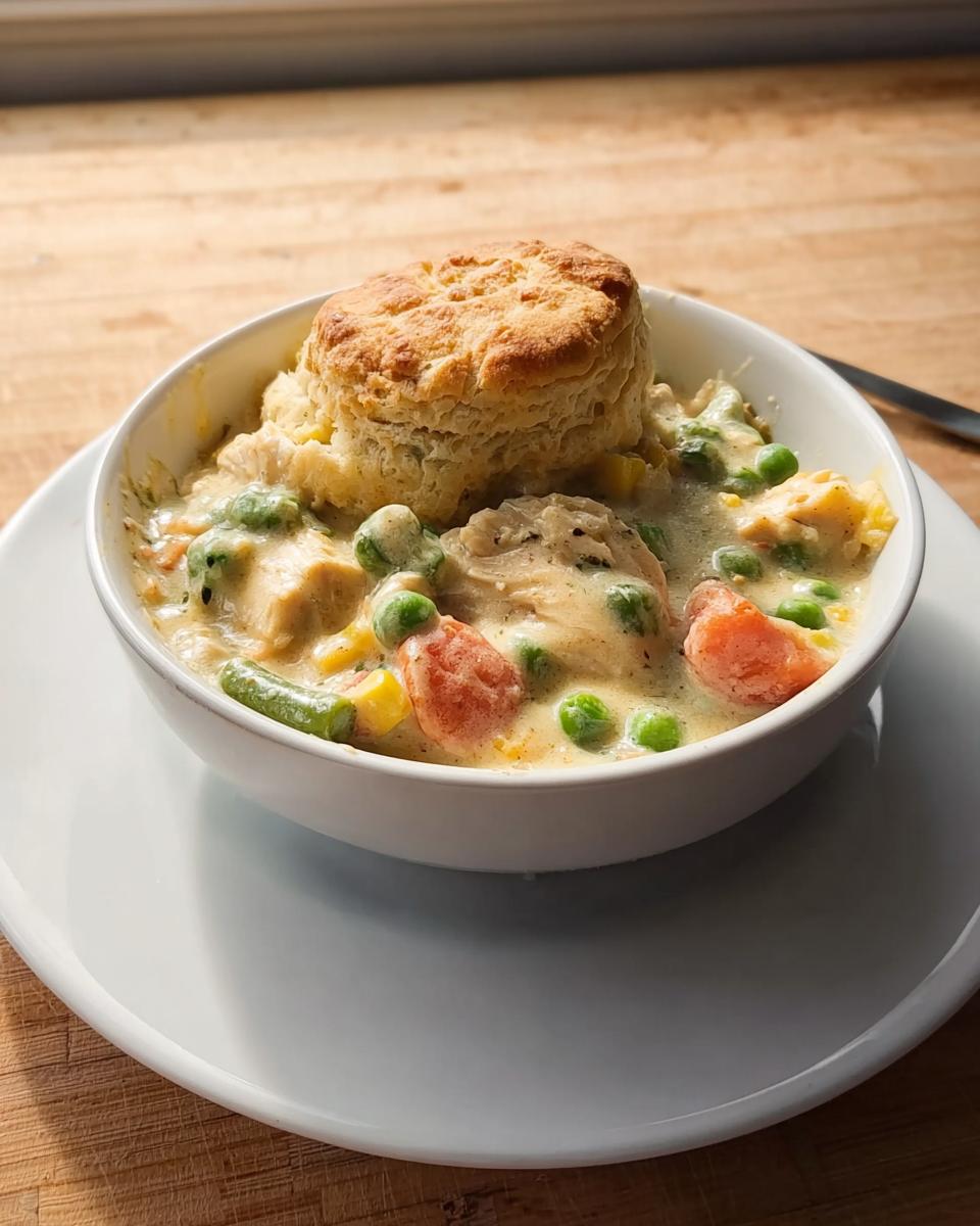 A white bowl filled with creamy Slow Cooker Chicken Pot Pie, topped with a golden biscuit.