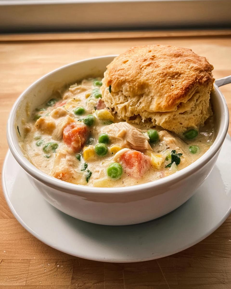 A white bowl filled with creamy Slow Cooker Chicken Pot Pie topped with a golden biscuit.