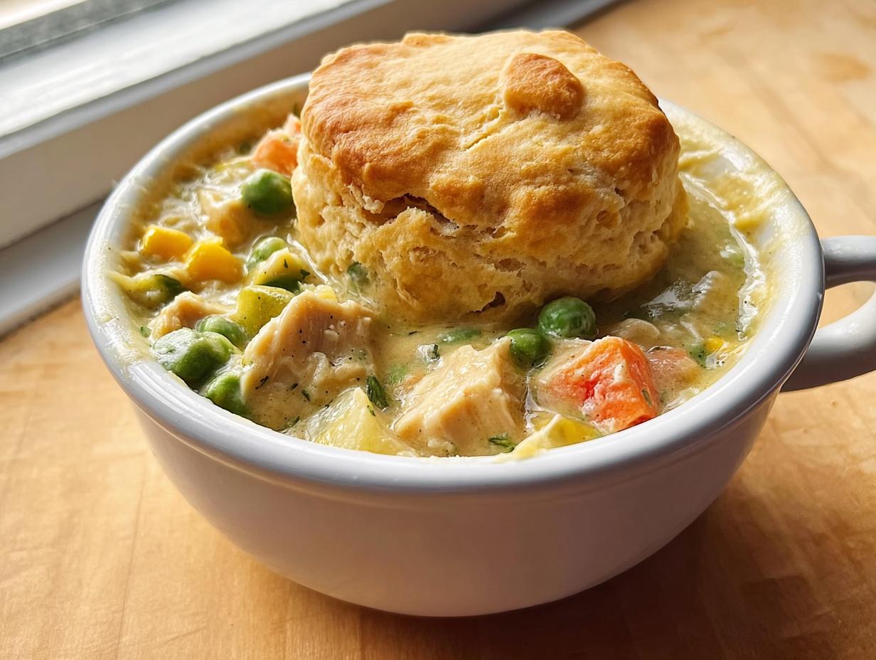 A single serving of creamy Slow Cooker Chicken Pot Pie topped with a golden biscuit in a white mug.