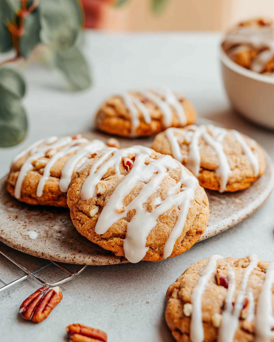 Close-up of several soft Spice Drop Cookies drizzled with white icing and studded with nuts.