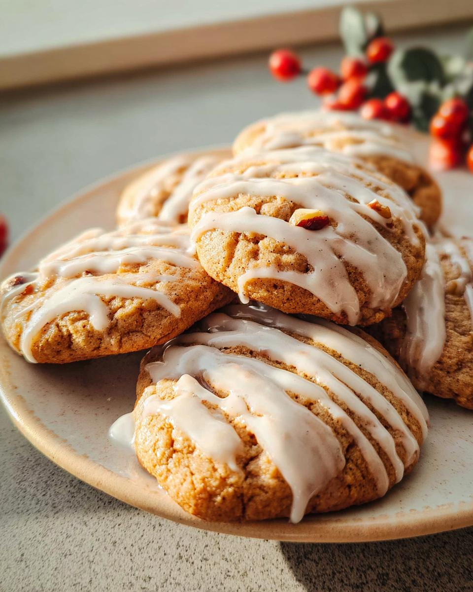 A close-up of several Spice Drop Cookies drizzled with a white glaze, with red berries in the background.