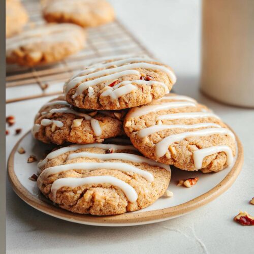 A stack of freshly baked Spice Drop Cookies, drizzled with a white glaze and sprinkled with chopped nuts.