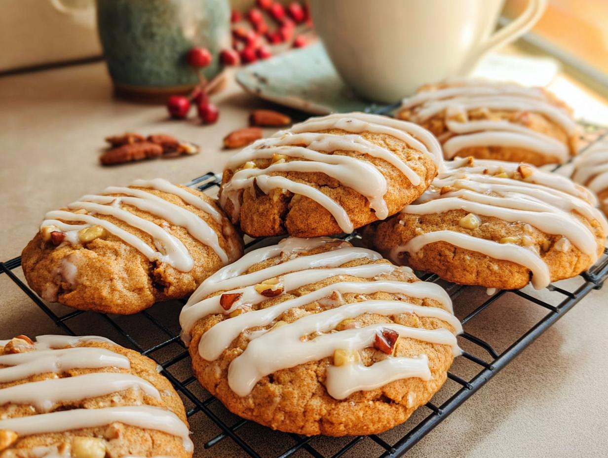Close-up of several warm Spice Drop Cookies on a cooling rack, drizzled with a white glaze and studded with nuts.