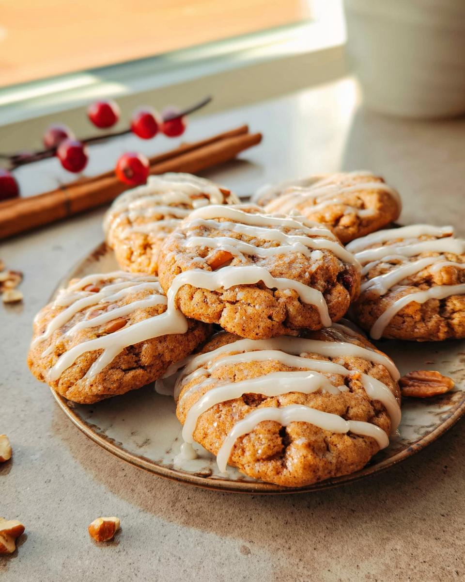 A plate of freshly baked Spice Drop Cookies, drizzled with white icing and garnished with pecans and cranberries.