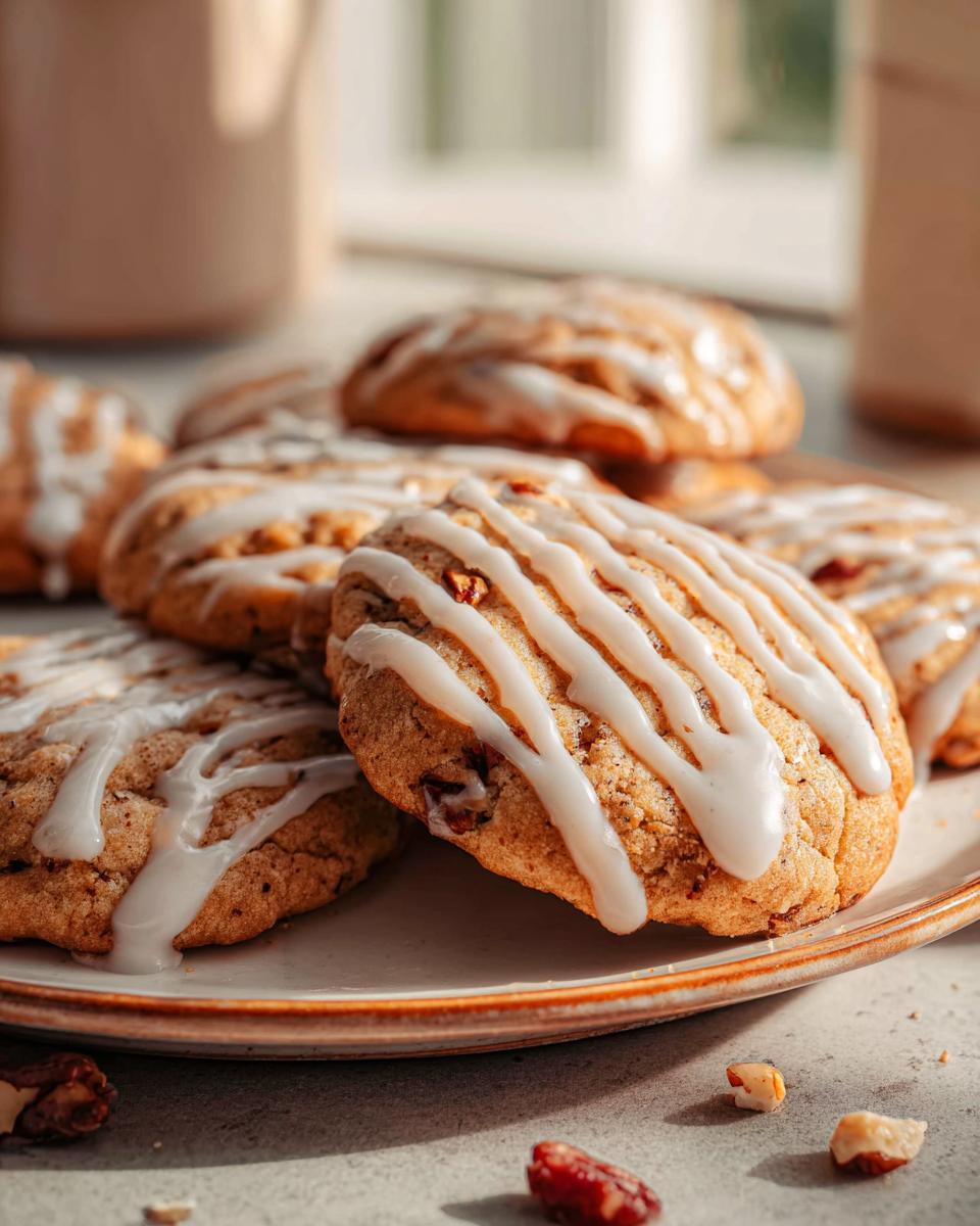 Close-up of several Spice Drop Cookies drizzled with white icing on a plate, with dried cranberries and nuts scattered around.