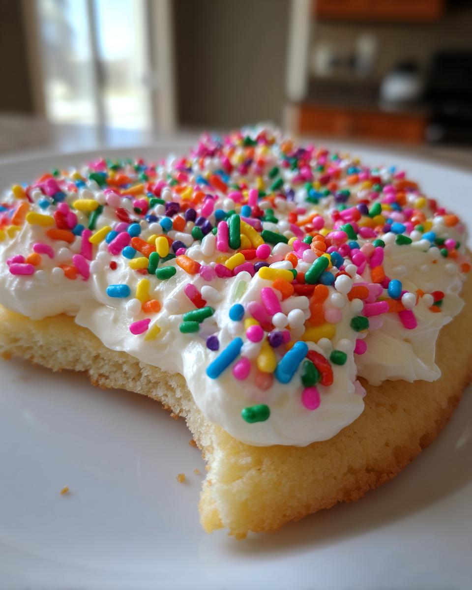 A close-up of a sugar cookie slice topped with thick white Sprinkle Sugar Cookie Frosting and colorful rainbow jimmies.