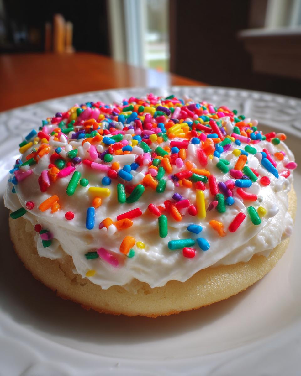 A close-up of a soft sugar cookie topped generously with white Sprinkle Sugar Cookie Frosting and rainbow sprinkles.