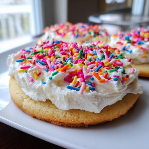A close-up of a soft sugar cookie topped generously with white Sprinkle Sugar Cookie Frosting and rainbow jimmies.