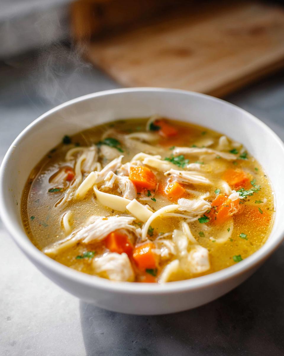 Close-up of a steaming white bowl filled with Easy Chicken Noodle Soup featuring shredded chicken, egg noodles, and bright orange carrots.