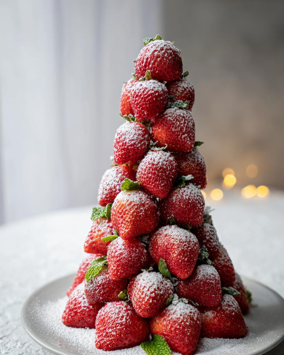 A festive Strawberry Christmas Tree made of fresh strawberries dusted with powdered sugar and mint leaves.