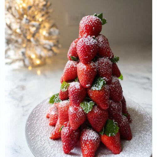 A beautiful Strawberry Christmas Tree made of fresh strawberries, dusted with powdered sugar and garnished with mint leaves.
