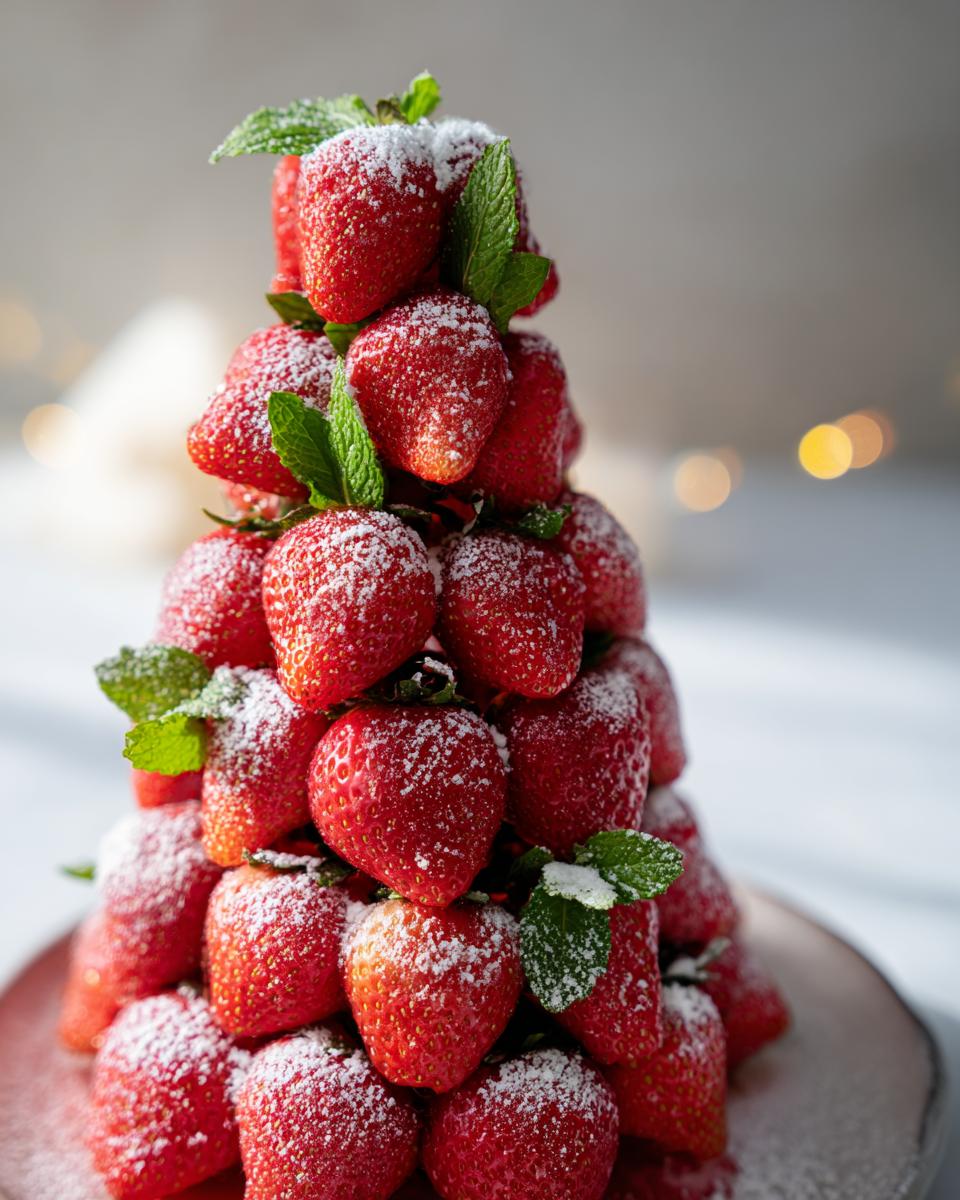 A beautiful Strawberry Christmas Tree decorated with mint leaves and dusted with powdered sugar.