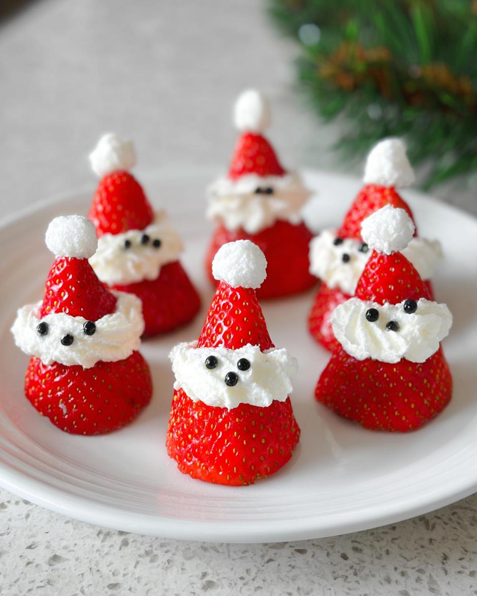 A festive platter of Strawberry Santas with whipped cream and black sprinkle eyes.