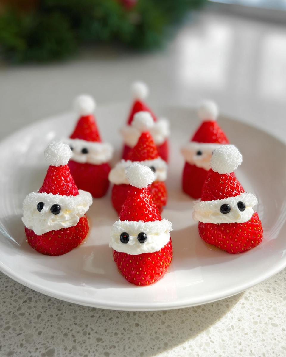A plate of adorable Strawberry Santas with whipped cream and black candy eyes, a perfect Christmas treat.
