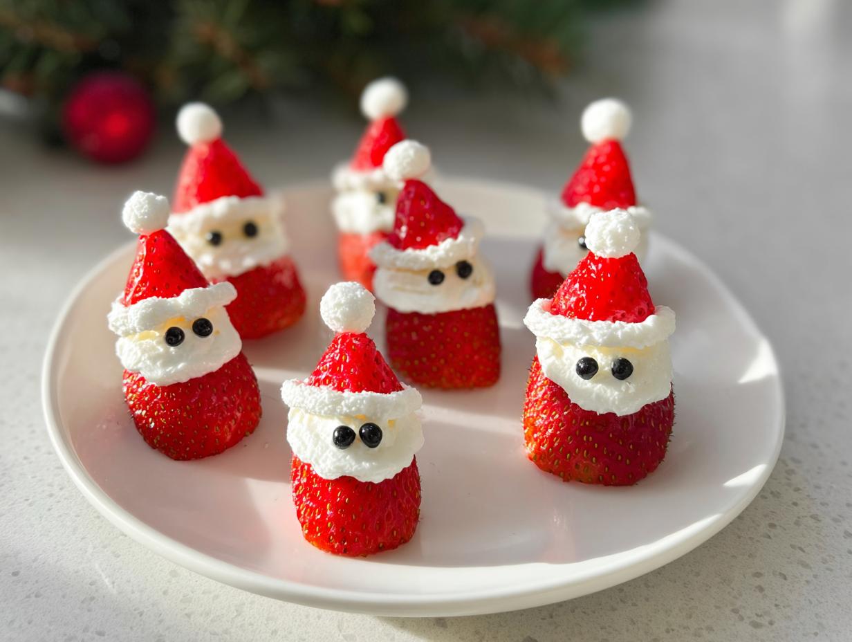 Adorable Strawberry Santas with whipped cream and black candy eyes arranged on a white plate.