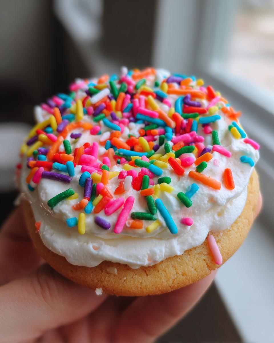 A sugar cookie topped with thick white frosting and vibrant rainbow sprinkles, held by a hand.