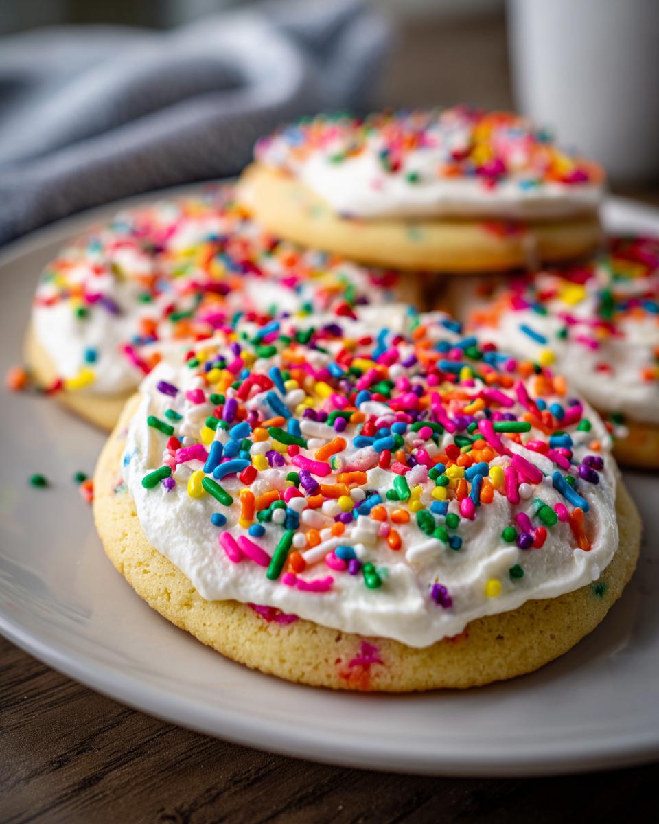 Close-up of sugar cookies topped with thick white Sprinkle Sugar Cookie Frosting and colorful rainbow sprinkles.