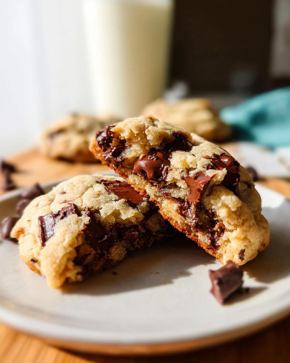 A thick chocolate chip cookie broken in half showing a gooey, melted chocolate center. Perfect for Thick Chocolate Chip Cookies.