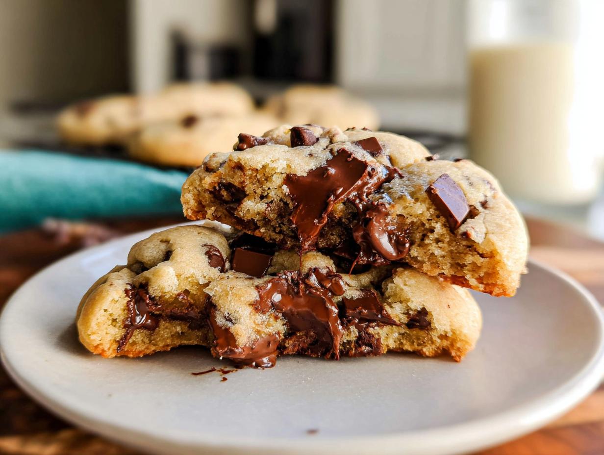 Two halves of a Thick Chocolate Chip Cookie broken open showing gooey, melted chocolate chips.