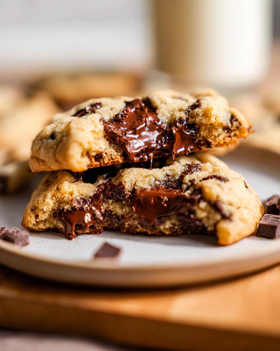 Two halves of a thick chocolate chip cookie stacked, showing a gooey, melted chocolate center.
