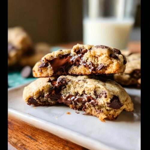 Two halves of a thick chocolate chip cookie stacked, revealing a gooey, melted chocolate center.