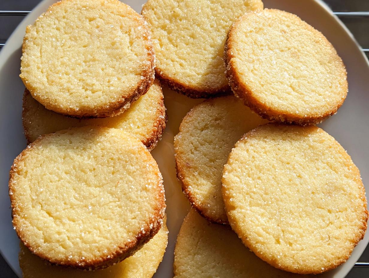 Close-up of golden brown Vanilla Butter Shortbread Cookies with a light dusting of sugar.