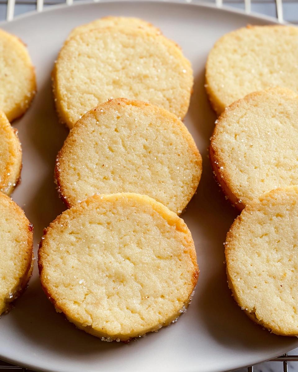 Close-up of round Vanilla Butter Shortbread Cookies with a light sugar coating on a grey plate.