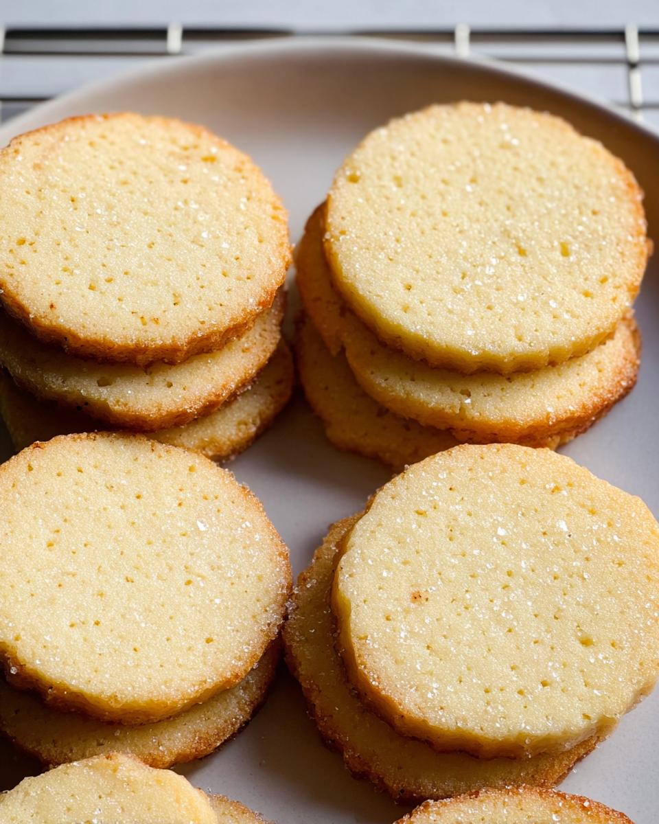 A close-up of stacked Vanilla Butter Shortbread Cookies, lightly dusted with sugar.