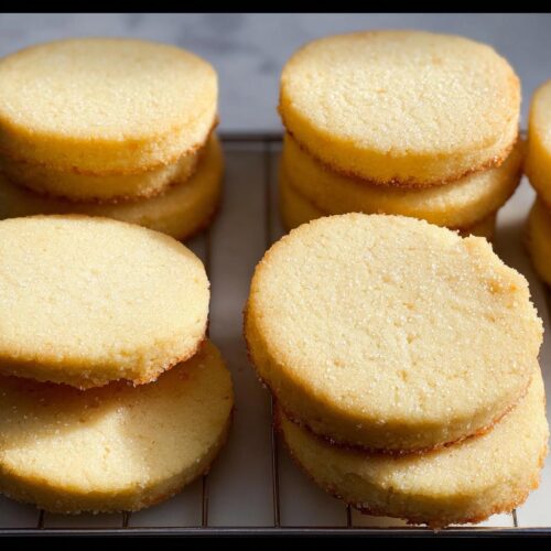 Close-up of stacked Vanilla Butter Shortbread Cookies with a lightly sugared crust on a cooling rack.