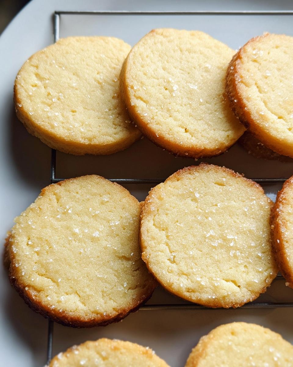 Close-up of golden Vanilla Butter Shortbread Cookies sprinkled with sugar on a cooling rack.