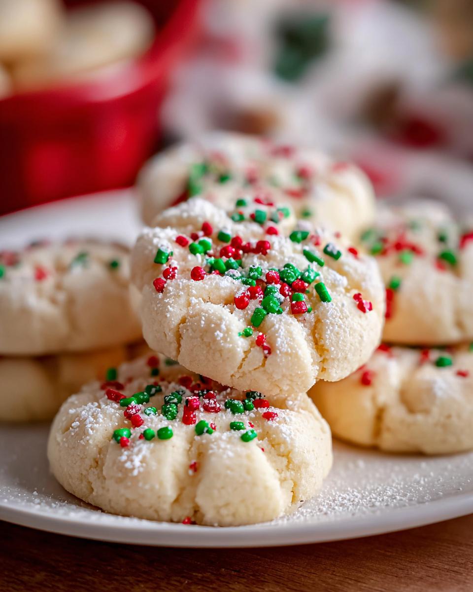 Close-up of Whipped Christmas Shortbread cookies topped with red and green sprinkles and powdered sugar.