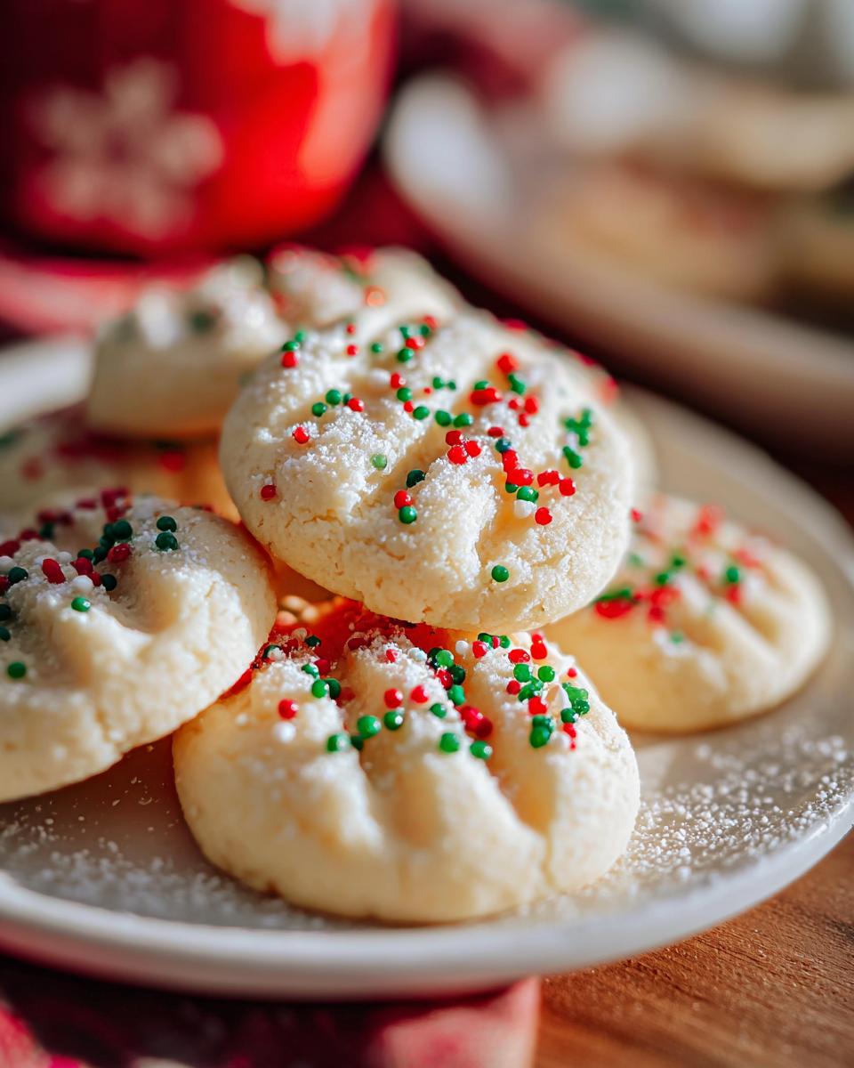 Close-up of Whipped Christmas Shortbread cookies topped with festive red and green sprinkles and powdered sugar.