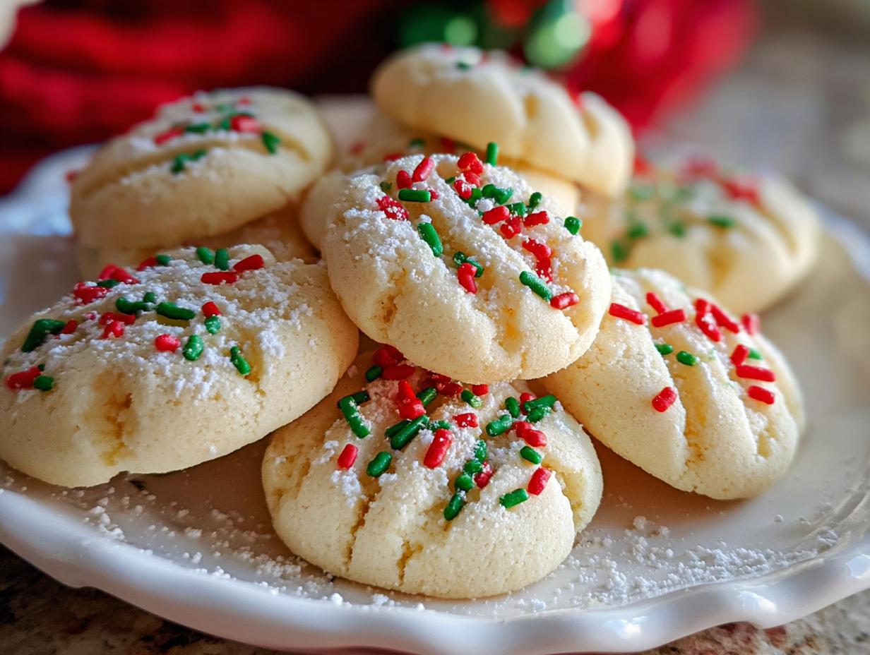 A pile of delicious Whipped Christmas Shortbread cookies, dusted with powdered sugar and festive red and green sprinkles.