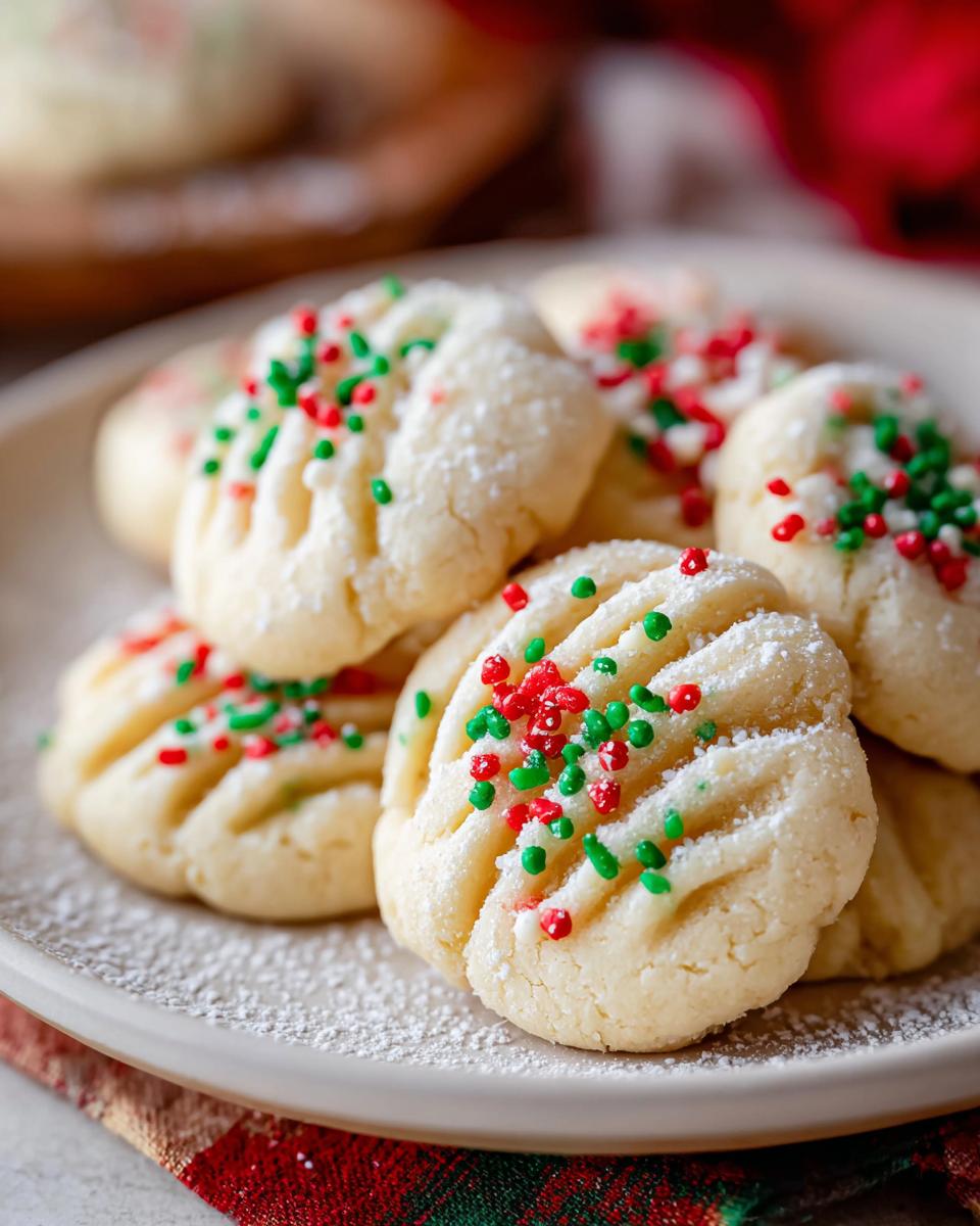 Close-up of Whipped Christmas Shortbread cookies dusted with powdered sugar and decorated with red and green sprinkles.