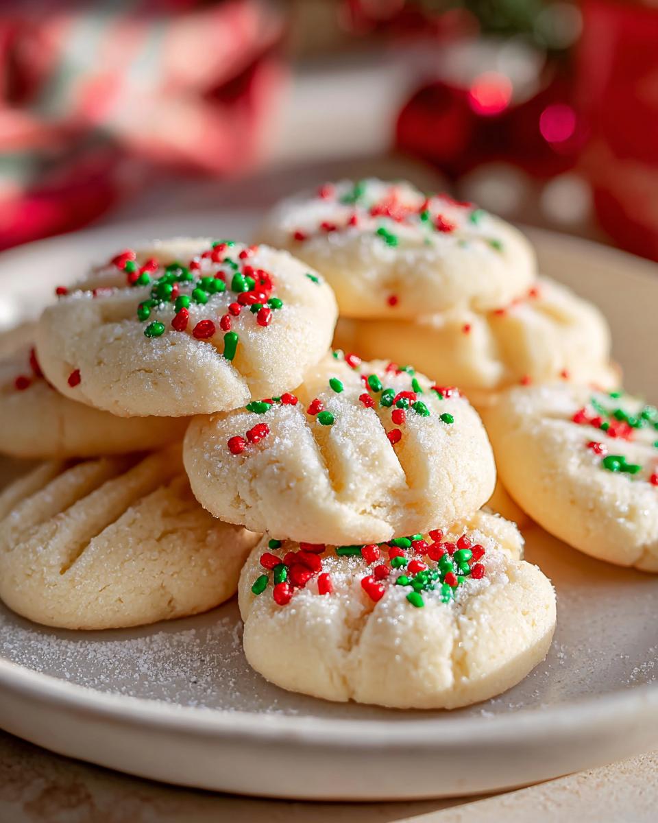 A stack of delicious Whipped Christmas Shortbread cookies topped with red and green sprinkles and powdered sugar.
